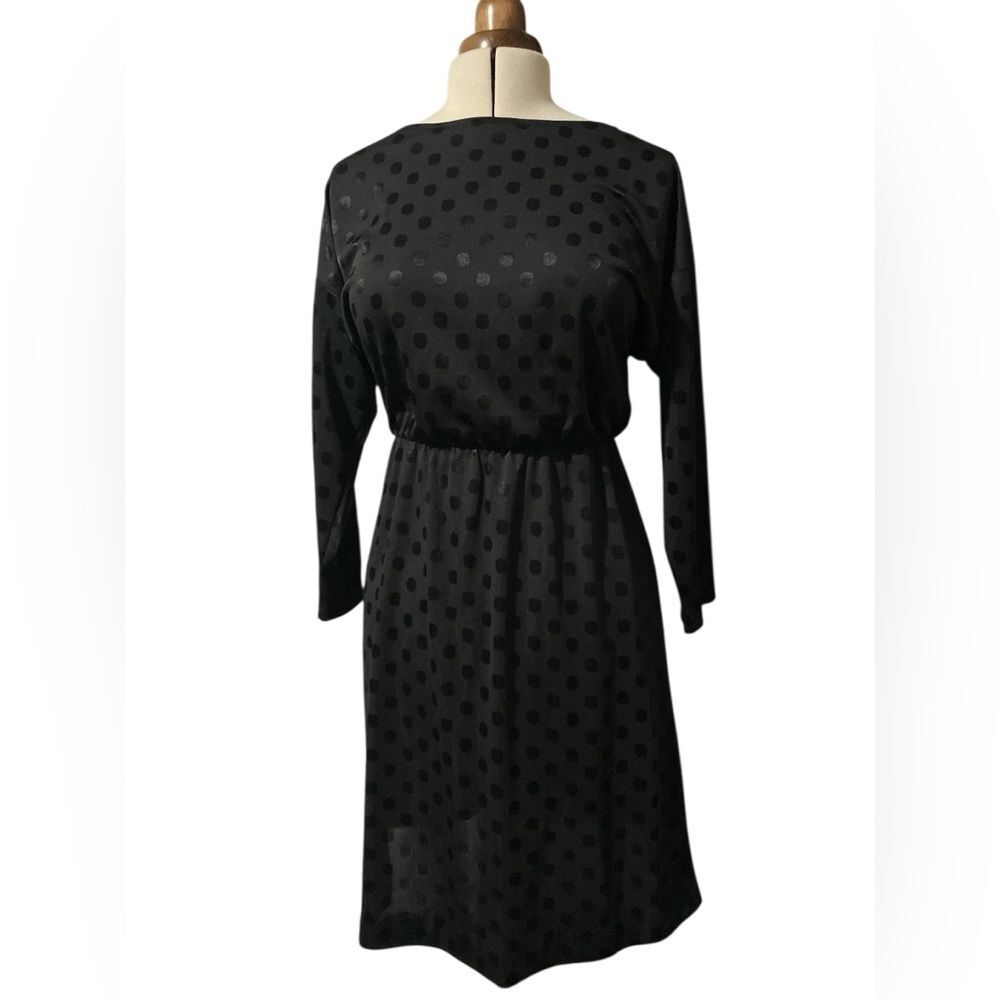 Vintage Blair Dress Size L Polka Dot Black on Black Mod Retro